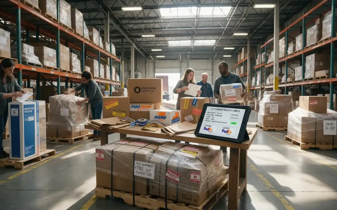 Warehouse team logging inbound shipments at receiving workstations