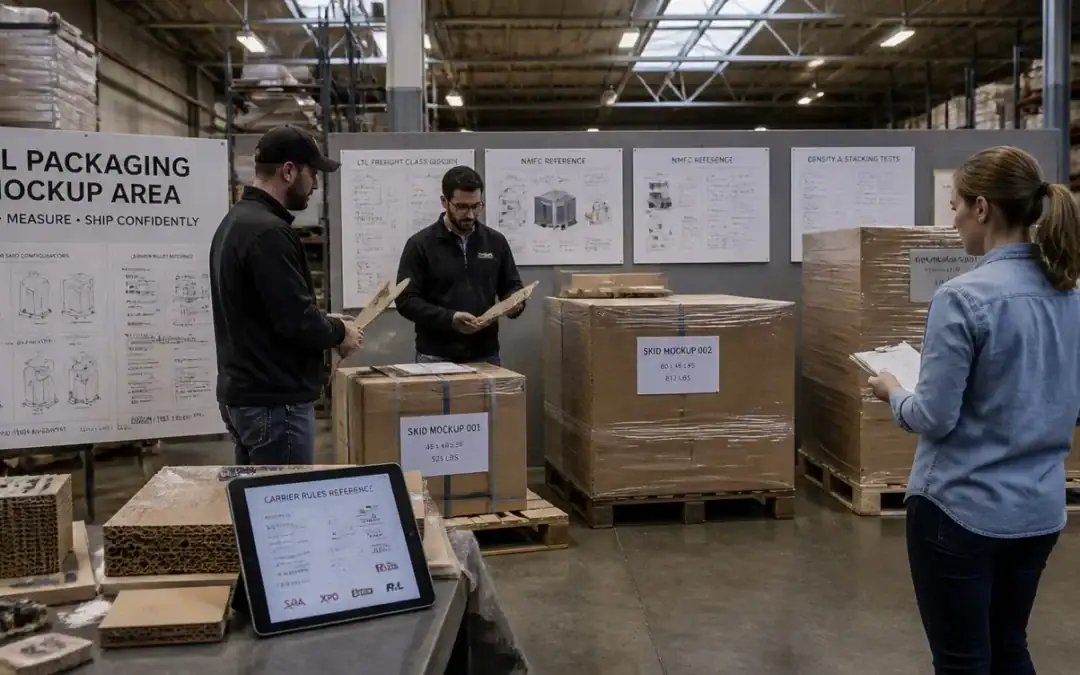 Warehouse crew labeling and staging cartons for storage