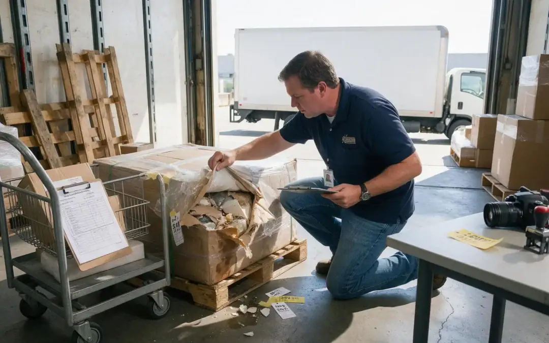 Mover inspecting a wrapped item at the loading dock before transport