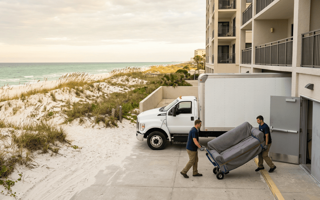 Two movers wheel a wrapped sofa on a dolly toward a beachfront condo’s service entrance, with a moving truck, sand dunes, and the Gulf behind them