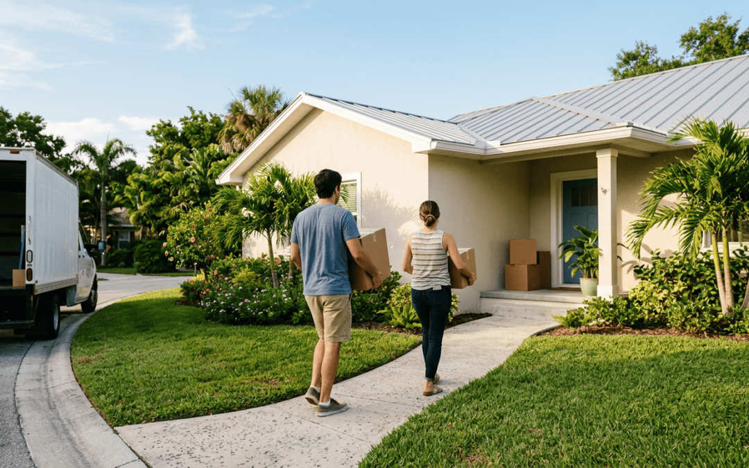 A couple carrying moving boxes up the walkway of a Florida home with palm trees and a moving truck at the curb